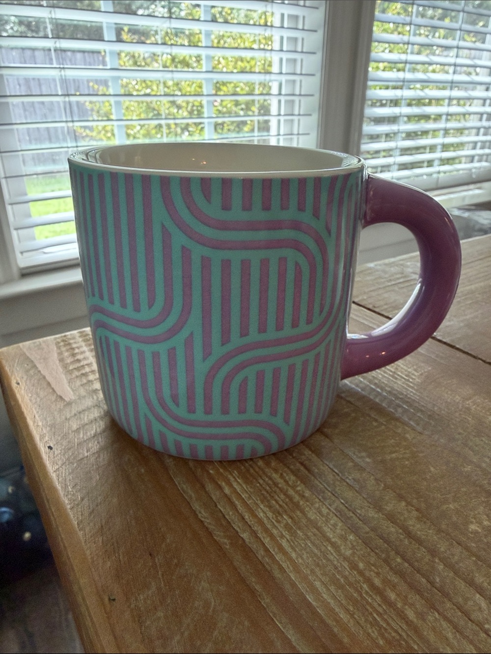 Striped Ceramic Mug with Purple Handle and Teal Pattern - Picture 2 of 2